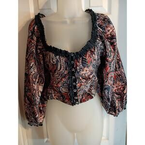 Free People Top Multicolor Velvet Cropped Smocking. Balloon Sleeve Tie Back...